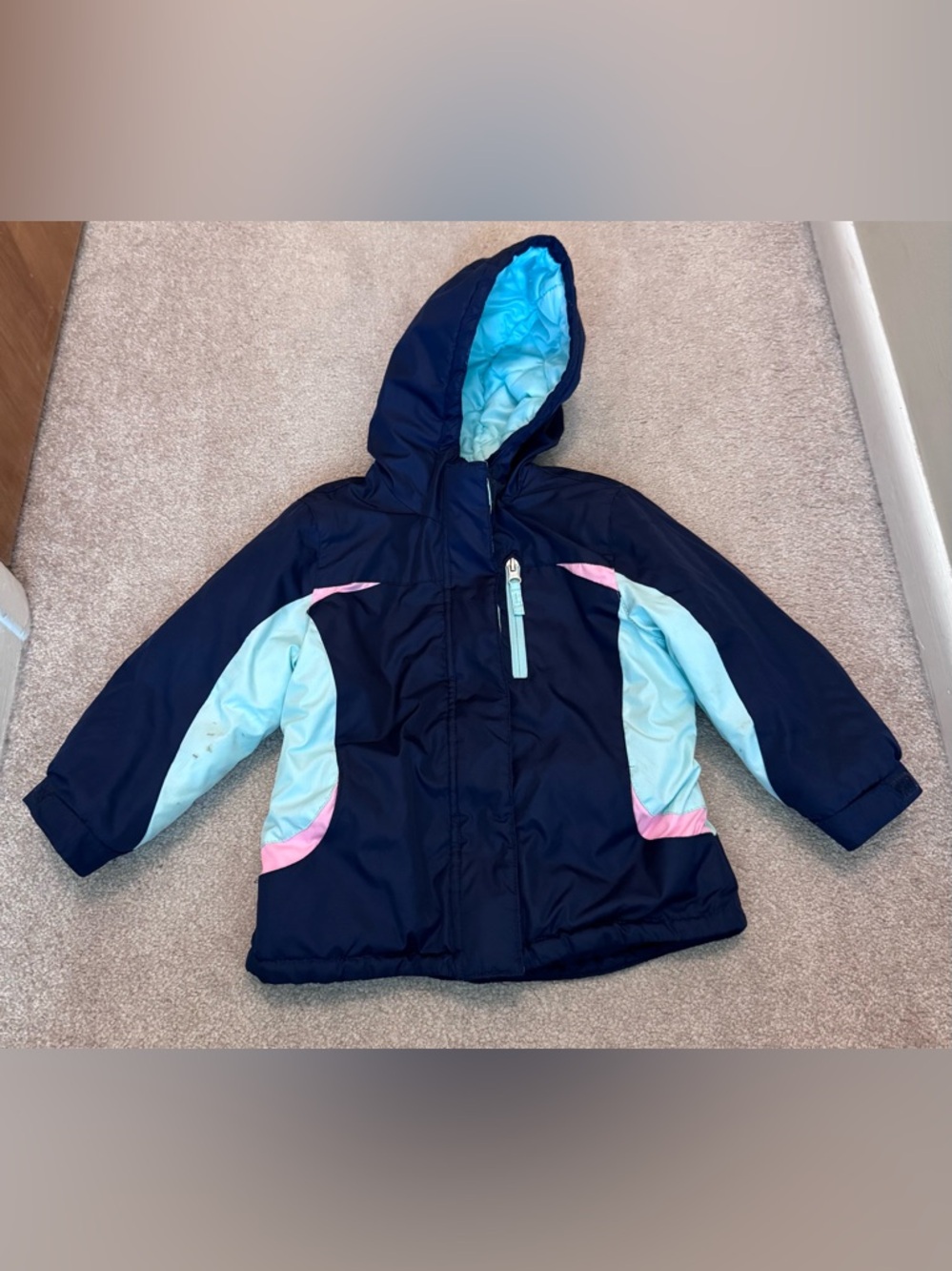 healthtex Navy Hooded Puffer Jacket with Light Blue & Pink Accents - Size: 3t